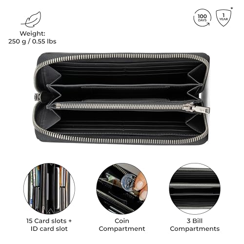 Image of BERLINER BAGS Genuine Leather Zip Wallet Women Lyon, Gift Box - Black | Soft Leather Zip Around Wallet, Fits up to Phone 6.9 inch, 15 Card Slots, 1 ID Window, 3 Bill Slots, 1 Coin Pocket, RFID Blocking