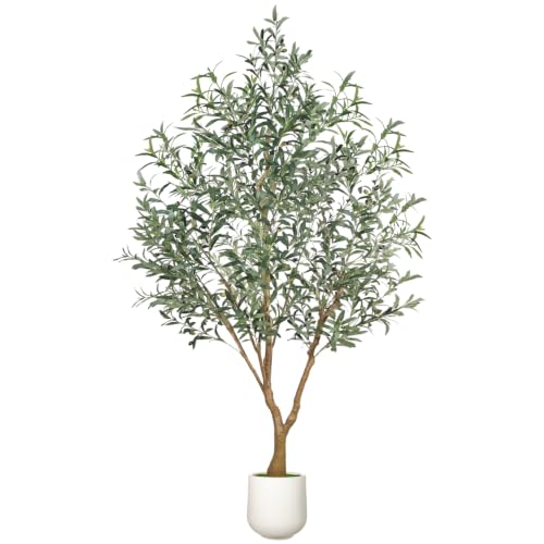 Olive Trees Artificial Indoor, 7FT Tall Faux Olive Tree with White Tall Planter, Full Lush Artificial Plants with Large Olive Branches and Lifelike Fruits for Home Office Decor