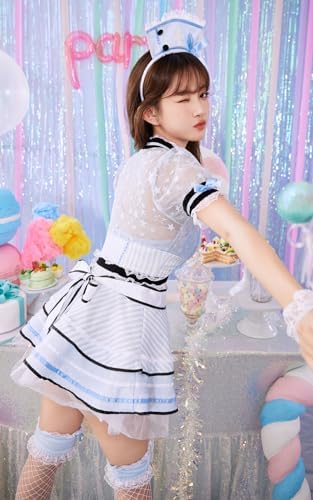 [Malymoon] ハロウィン コスプレ ナース コスチューム 水色 ストライプ 星柄 レース メイド服 衣装 ジッパー ナースメイド 7点セット 【s9542】 (ブルー) 詳細画像5