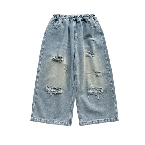 Boys Casual Straight Leg Denim Pants Elastic Waist Ripped Jeans for Everyday Wear Comfortable Outdoor Trousers