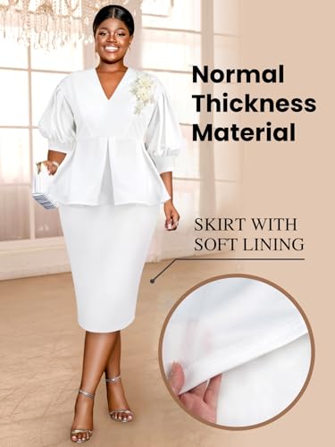 AOMEI Business Suit Sets for Women's 2 Piece Outfits V Neck Peplum Tops Floral Applique Formal Pencil Midi Skirt Suit…2