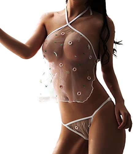 Womens Sexy Exotic Lingerie Lace Mesh Perspective Embroidery Bra Set Three-Point Teddy Bodysuit Babydoll for Sex Naughty Play