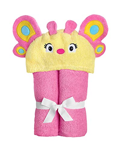 Image of Yikes Twins Hooded Baby Towel for Kids 2-8 | Large 100% Cotton Baby Towel for Girls | Cute Butterfly Bath Towels for Babies and Toddlers in Hot Pink and Yellow
