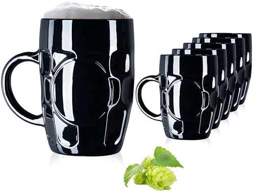 PLATINUX Bicchieri da birra neri da 500 ml, con manico, set da 6 pezzi, con motivo ornamentale, classico