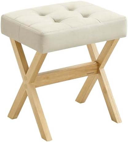 SONGMICS Makeup Stool, Padded Vanity Stool, Foot Rest, Solid Wood X Legs, for Bedroom, Closet, Entryway, 12.6 x 16.5 x 18.1 Inches, Summer Sand and Natural Beige ULSF006LF02