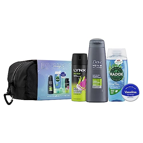 Dove Men+Care, Vaseline, RADOX, LYNX Ready to Recharge Gift Set shampoo & conditioner, lip balm, shower gel, body spray perfect for his daily routine 4 piece