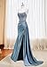Satin Pleated Prom Dresses Long for Women Mermaid Beaded Formal Dresses with Slit Spaghetti Straps Evening Gowns with Tail Size Dusty Blue 6
