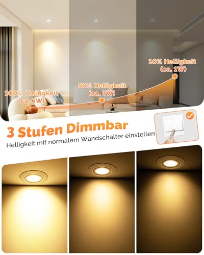 wowatt 6er LED Spots 3 Stufen Dimmbar, 6W LED Einbaustrahler 230V Schwenkbar 3000K Warmweiß 4000K Neutralweiß 6000K Kaltweiß, Deckenspots Weiß 68mm Lochmaß, IP44 Einbauleuchten Flach für Badezimmer