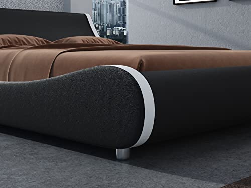 Sha Cerlin Modern Low Profile Platform Bed Frame Queen Size, Stylish Faux Leather Upholstered Sleigh Bed With Adjustable Headboard, No Box Spring Needed, Black&White #TOP3