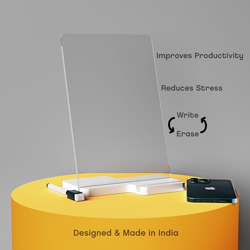 Image of Minimalist Acrylic Desk Board (24x16 CM) | Blank Reusable Writing Surface for Notes, Reminders & Planning | White Acrylic Base With Slot for Phone| With 2 Markers & Cleaning Fabric | Blank | Regular Size