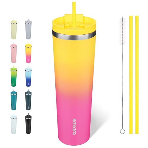 BJPKPK 34oz Stainless Steel Insulated Tumbler With lid And Straw Travel Coffee Thermal Tumblers Cup For Women And Men,Pink Yellow Rose