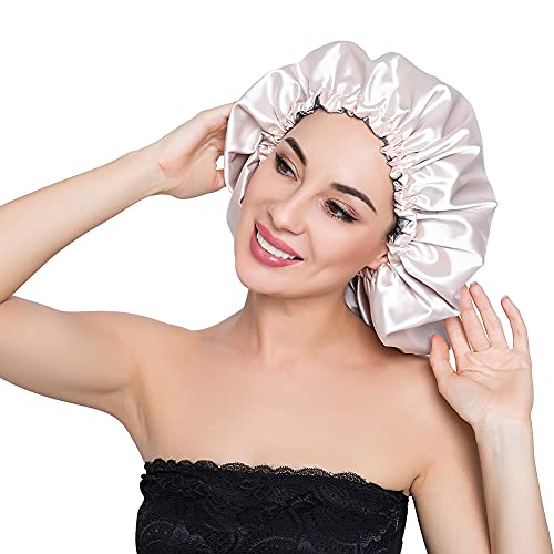 Image of Stain Bonnet Silk Sleep Cap Adjustable Satin Cap for Night Sleeping Hair Bonnet Reversible Double Layer