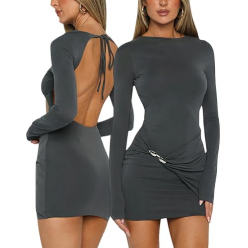 AOWVUTS Kleid Damen Sexy Rückenfrei Langarm Rundhalsausschnitt Minikleid Eng Bodycon Kurzes Kleid Stretch Elegant Figurbetontes Wickelkleid...