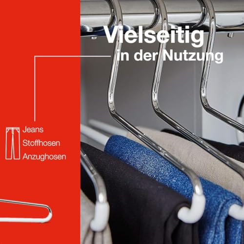 MAWA Hosenbügel Links, Set mit 10 platzsparenden Kleiderbügel, ideal für Jeans, Stoffhosen und Anzughosen, mit antirutschbeschichtetem Steg, 35 cm, Silber