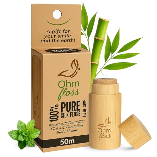 OHM Floss Natural Silk Dental Floss Plastic-Free & Non-Toxic Refillable Bamboo Holder Naturally Waxed with Candelilla 100% Vegan & Compostable 54 YD/50m Eco Friendly Oral Care (Natural Mint)