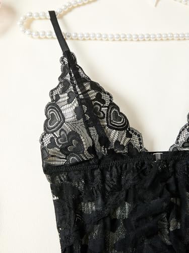 Image of Foxiny Sexy Open Front V Neck Ruffle Sheer Mesh Lace Wireless Babydoll Lingerie Dress with Thong 2 Piece