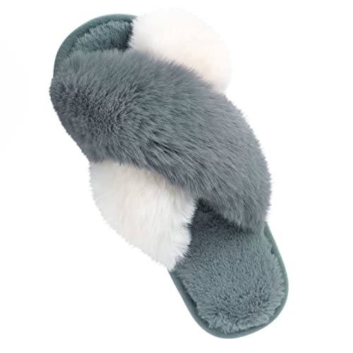 Women Fuzzy Slippers - Women's Cross Band Slippers Cross Open Toe Fuzzy Fluffy Slippers, Women's Fuzzy Fluffy Furry Fur Slippers, Indoor Outdoor Faux Rabbit Fur Warm Slipper,9-10(40-41)