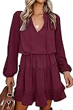 BTFBM Long Sleeve Fall Dresses for Women 2025 Summer Casual Tie Neck Ruffle Tiered A Line Wedding Guest Short Mini Dress(Dot Wine Red, Large)