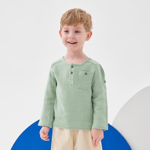 Volunboy Toddler Boys Henley Long Sleeve Cotton Linen Shirt Solid Short Beach Casual Button Tees Tops3