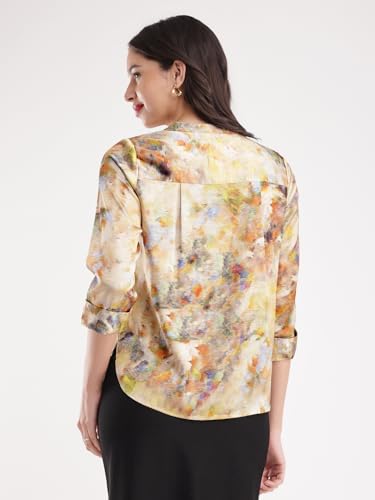 Image of FableStreet Women Shirt Work & Casual | Relaxed Fit Mandarin V-Neck Three-Quarter Sleeves Solid Pattern | Breathable Woven Fabric for Office & Everyday Wear
