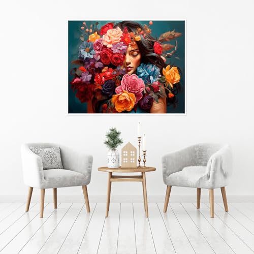 Image of Clendo Flower Woman Paint by Numbers Kit for Adults, DIY Flower Paint by Numbers on Canvas, Colorful Picture Oil Painting Art and Crafts Kits for Wall Decor 16x20inch(Without Frame)