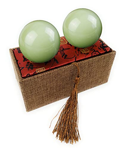 2 Inch Light Green Afghanistan Jade Baoding Balls Health crystal Stress Exercise Balls for Stress Relief, Exercise, and Hand Therapy, Chinese Natural Stone Handballs with Carry Pouch (Box-Packed) M10