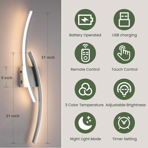 Image of Battery Operated Wall Sconce Set of 2,Brushed Nickel Wall Sconces with Remote Control,3000K-6000K Modern LED Wireless Wall Light for Living Room, Hallway, Bedroom, 31.89 Inch (2 Pack)