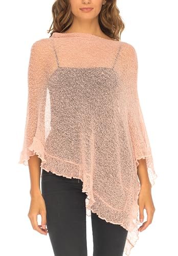 Image of SHU-SHI Women's Sheer Knit Poncho Shrug Lightweight Asymmetrical Ruffle Wrap Dressy Summer Shawl Cover Up Top
