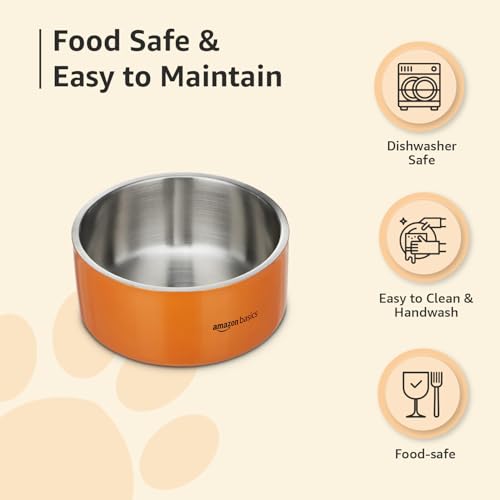 Image of Amazon Basics Quintessential Double-Walled Stainless Steel Premium Pet Bowl | 1900 Ml | Large | for Dogs, Cats, and Pets | Orange