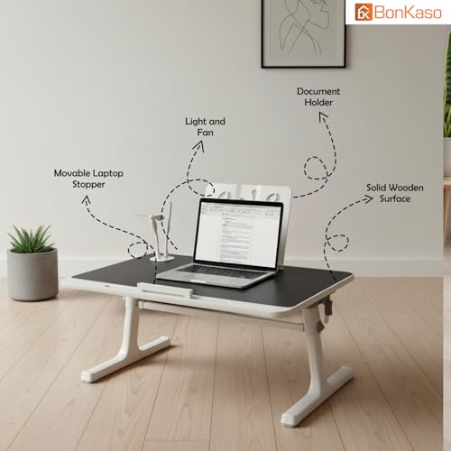 Image of BonKaso Multi-Purpose Laptop Table for Bed (60x40 cm) | Adjustable Height Foldable Lap Desk | Engineered Wood Portable Study Table for Work, Reading & Home Office | Bed Table with Legs (Black)