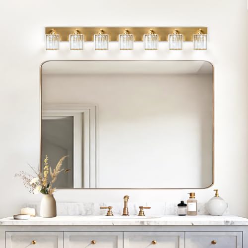 Image of Gold Crystal Bathroom Vanity Light, 7-Light Modern Bathroom Lighting Fixtures Over Mirror, Matte Gold Wall Sconce with Square Shade