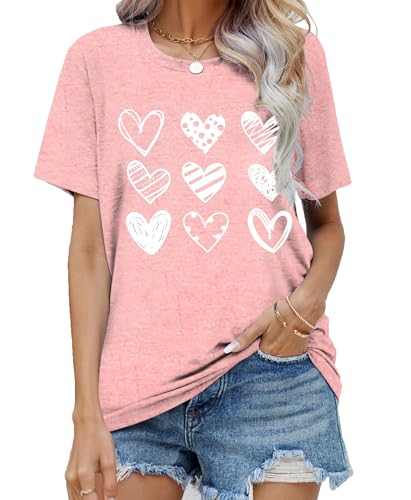 Valentines Shirt Women: Cute Love Heart Shirt Valentines Gift Short Sleeve Tee Tops Pink