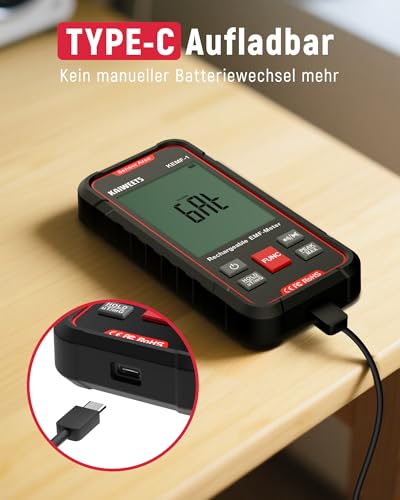 KAIWEETS EMF Messgerät, Gleichzeitige Anzeige von EF/MF/RF-Daten, LED-Display, Typ-C-Ladeanschluss, Tragbar für Zuhause, Büro und Außenbereich