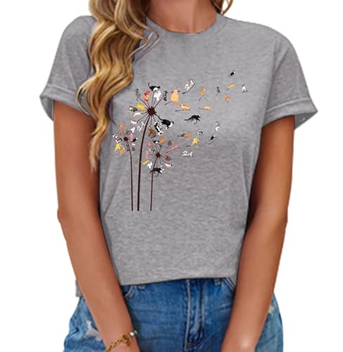 Image of Cat Shirts for Women Flower Tee Shirts Dandelion T Shirt Vintage Floral Graphic Tees Tops