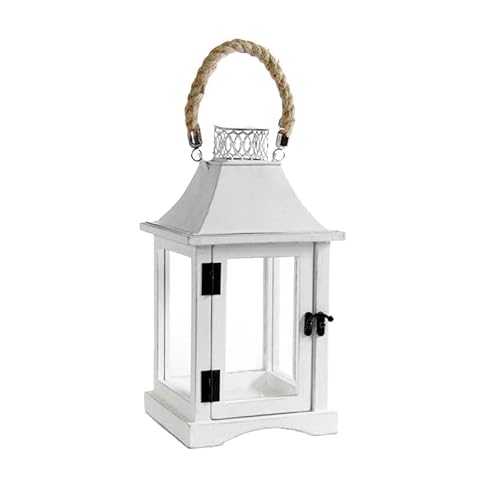 MA MAISON Lanterna con Struttura in Legno e Latta: 17,5x17,5x36 cm In Colore Bianco- Lanterna da Arredo Ideale per Creare Atmosfere Calde e Accoglienti Per Interni ed Esterni