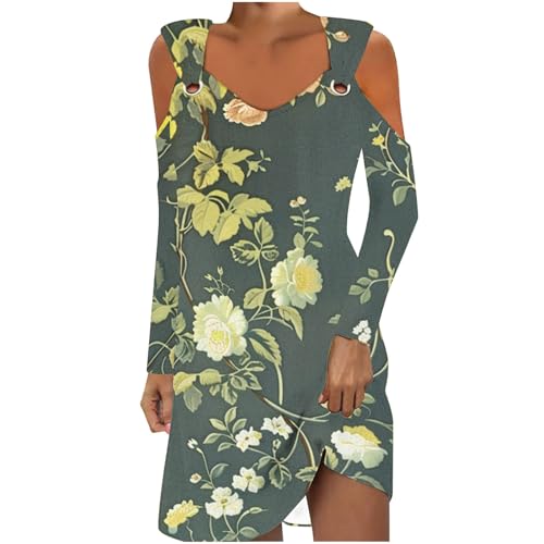 YADEOU Loral Dress for Women Cold Shoulder Long Sleeve Ring Strap Swing Dress Summer Vacation Night Out Leisure