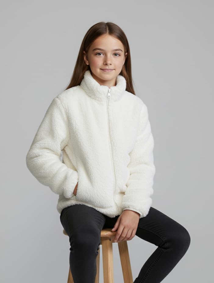 Alan Jones Clothing Girls Furry Fleece Full-Zip Jacket Off-White - Image 2
