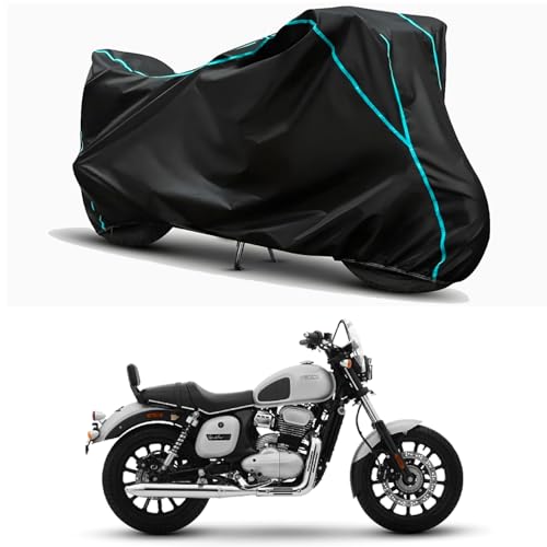 Image of Waterproof Bike Body Cover Compatible for | Yezdi Roadster | Taffeta Fabric, Sky Piping Design, Bottom Elastic Fit | Dustproof, Sun UV & Rain Protection for All Weather.