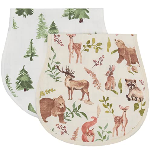 Image of LifeTree Muslin Baby Burp Cloths - Soft 2 Pack Viscose from Bamboo Cotton Large 22'' by 10'' Absorbent Milk Spit Up Rags - Burping Cloths for Newborn, Girls Boys, Woodland Animals & Pine Tree