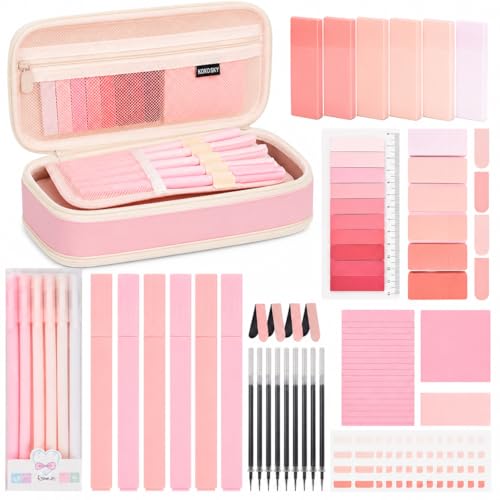 ChezAbbey 47Pcs Aesthetic School Supplies with Pencil Pouch - Cute College Essentials Set, Big Capacity Pen Case, Pastel Highlighters, Bible Study Journaling Stationary Kit (Pink)