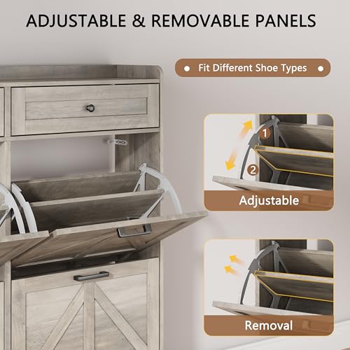 Image of Shoe Cabinet with 4 Flip Drawers & 2 Top Drawers, 43 inch Tall Freestanding Narrow Wooden Shoe Storage Organizer for Entryway, Hidden Slim Shoe Rack for Front Door Entrance, Hallway, Living Room, Grey