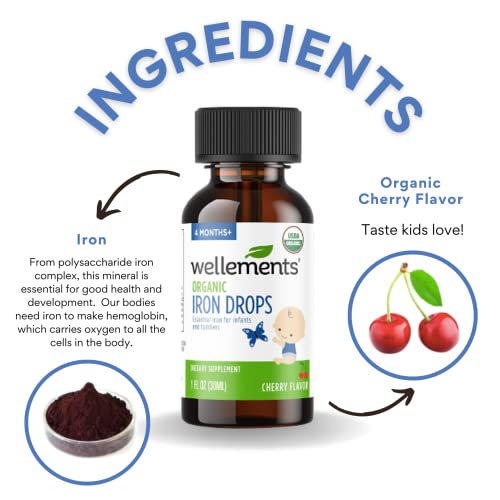 Wellements Organic Iron Drops For Babies | Essential Liquid Iron Supplement For Infants & Toddlers, Usda Certified Organic, No Preservatives Or Artificial Flavors, Cherry Flavor | 4 Months+, 1 Fl Oz #TOP3