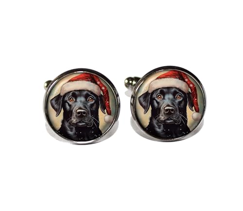 Holiday Black Labrador Retriever with Santa Hat - Handmade ROUND Glass Metal Cuff LInks Cufflinks Gift for Him Dad (Gunmetal Black)