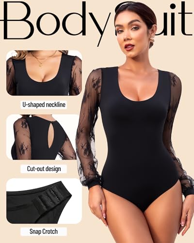 Long Sleeve Body Suits Womens Double Lined Round Neck Lace Bodysuit For Women4