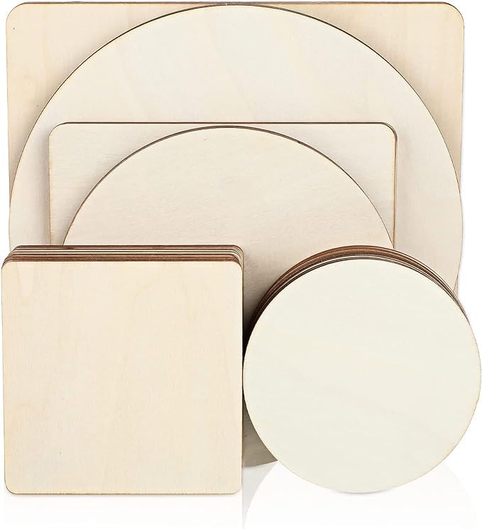 Clutter Clear 32 Pieces Unfinished Blank Wood Pieces Wooden Squares for Crafts Natural Wooden Cutouts Tiles Round Wood Circles DIY Blank Wood Discs MDF Cutouts for Art and Craftr, 3 Sizes-image-34