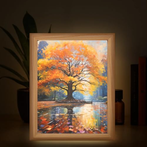 Light Up Painting, Autumn Tree Wall Art Picture Light Watercolor Tree Light Up Desktop Art Frame, 10 Brightness USB Powered 3 Lighting Modes, Anxiety Relief Gift for Bedroom Home-Without Acrylic Panel