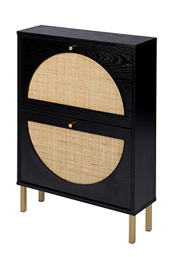 Rattan 2-Drawer Shoe Cabinet Modern Freestanding Shoe Rack Organizer Wooden Entryway Narrow Shoe Storage Cabinet W/Natural Rattan Flip Doors For Closet Hallway Small Space(1 Pack-Black) #TOP4