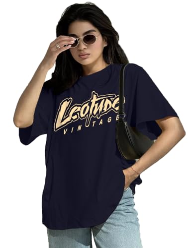 Image of LEOTUDE Women's Oversized Round Neck Half Sleeve Cotton Blend Graphic Printed T-Shirt | Top for Women & Girls (Color: Blue)