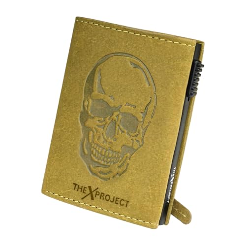 Image of The X Project Genuine Leather Wallet for Men | RFID Blocking Slim Bifold Wallet | Quick Card Eject Mechanism | Coin Pocket & ID Window | Premium Gift Box | Bold Skull Design (Green)