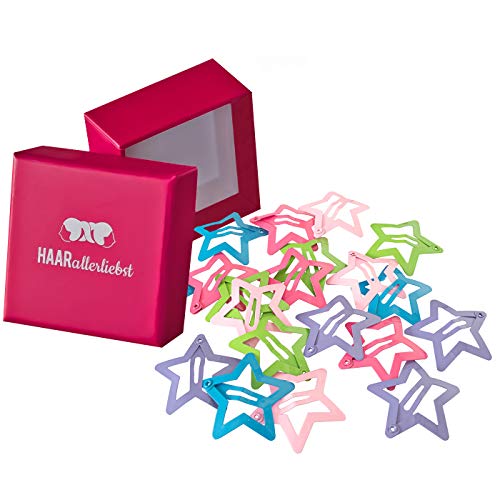 HAARallerliebst Small Stars Hair Clips (Pack of 20) Colourful 3 cm for Girls with Storage Box (Box Colour: Pink)
